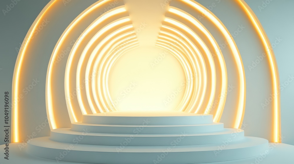 Fototapeta premium Abstract Architectural Structure with Illuminated Arched Walls and a White Platform