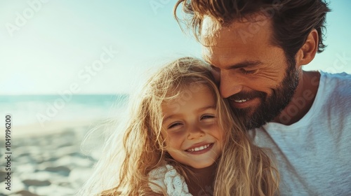 A heartwarming scene of a father and daughter enjoying a joyful and sunny day at the beach, their connection radiating love and happiness in a serene environment. photo