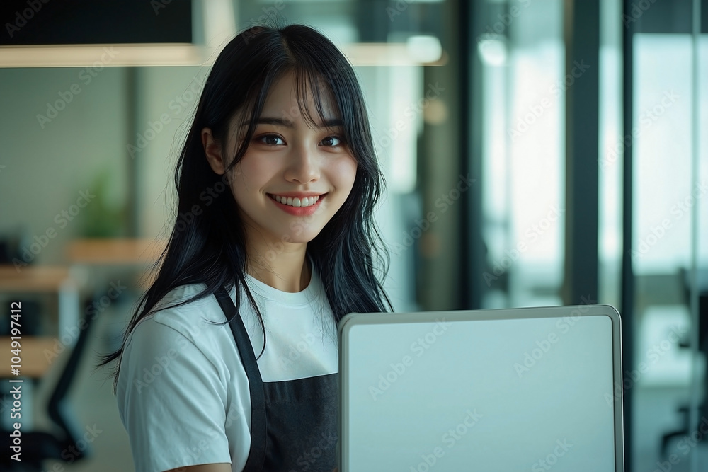 young Asian woman in a modern office setting wearing a white t-shirt and dark apron, holding a medium size whiteboard with blank screen, young Asian woman in a modern office setting wearing a white t-shirt and dark apron, holding a medium size whiteboard with blank screen,