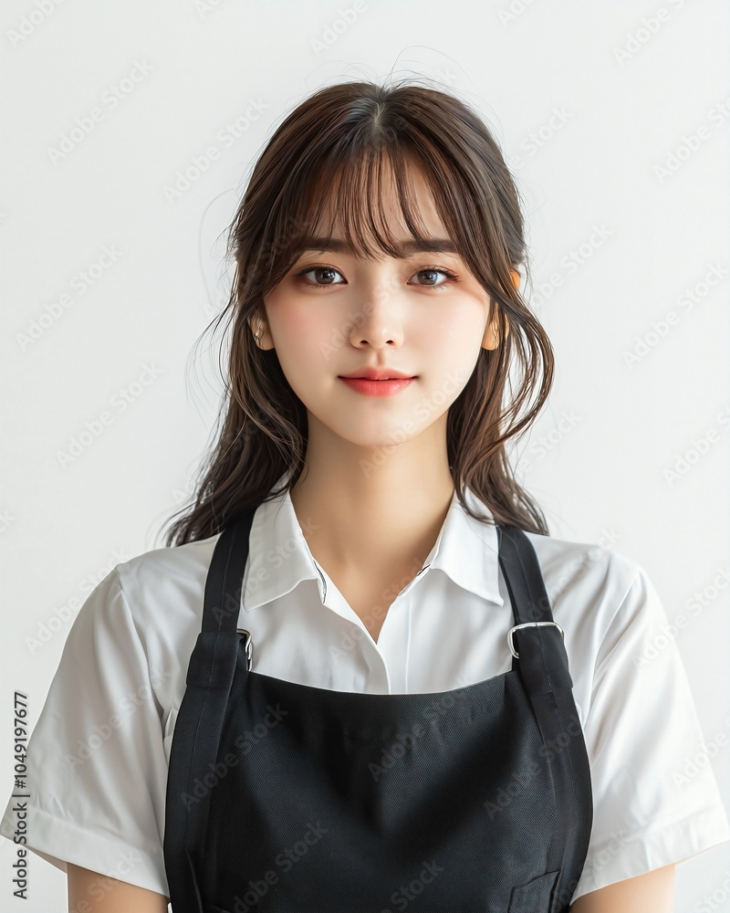 Asian young woman dressed in a barista suit. She is shown with an inviting expression and a warm smile, isolated against a white background, Asian young woman dressed in a barista suit. She is shown with an inviting expression and a warm smile, isolated against a white background,