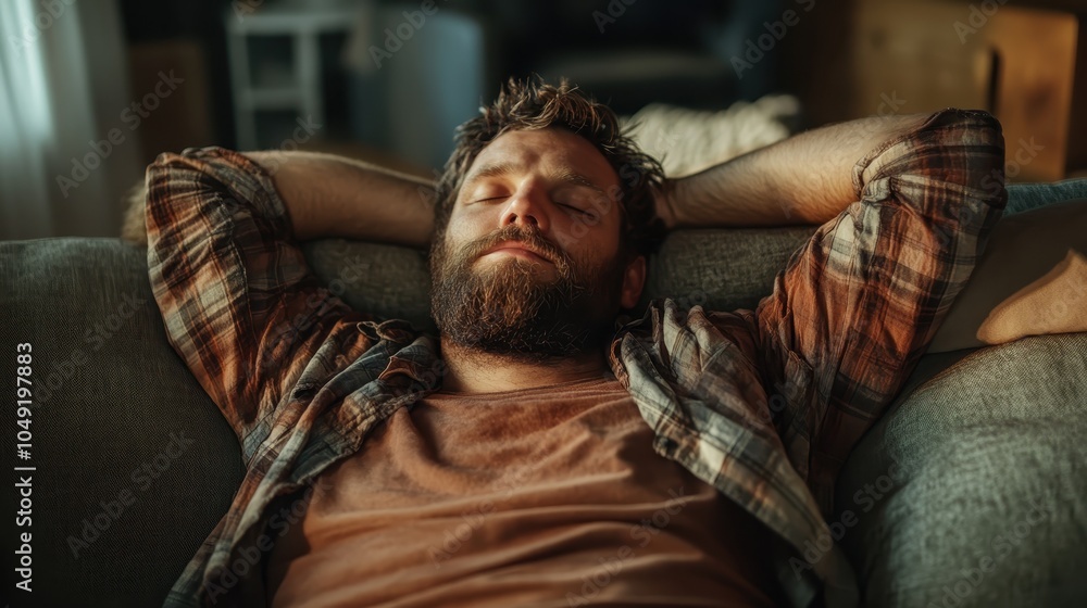A man with a beard is seen in a relaxed position on a couch, with soft lighting and a peaceful expression, creating a sense of calmness and tranquility in the room. A man with a beard is seen in a relaxed position on a couch, with soft lighting and a peaceful expression, creating a sense of calmness and tranquility in the room.