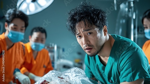 A surgeon wearing green scrubs faces a challenging situation in the operating room, with an intense look of concern as colleagues work diligently behind him. photo