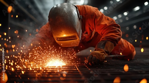 A welder, donned in full protective gear, meticulously works on a metallic surface amidst a spectacular shower of sparks in a modern, industrial environment.