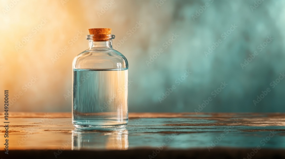 An elegantly crafted corked bottle filled with clear liquid rests on vintage wooden surface with contrasting blurred teal and orange background hues. An elegantly crafted corked bottle filled with clear liquid rests on vintage wooden surface with contrasting blurred teal and orange background hues.