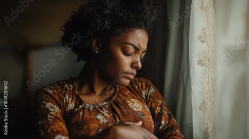 A thoughtful woman gazes out a window with a pensive expression, reflecting on life while bathed in soft natural light, capturing a moment of introspection. photo