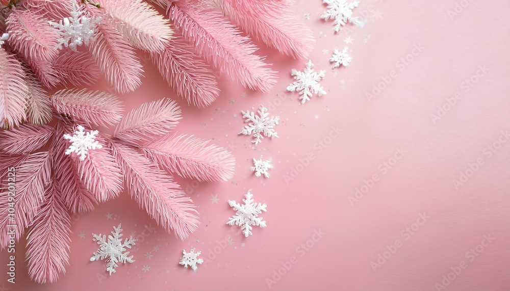 Pink fir branches and snowflakes Pink fir branches and snowflakes