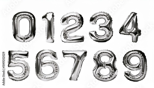 数字の0123456789の形の銀色の風船（Number 0123456789 silver foil balloon on white background）
 photo