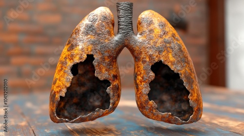 Close-up of Rusted Metallic Lungs Sculpture on Wooden Table with Brick Wall Background Symbolizing Pollution and Respiratory Health in Urban Industrial Context photo