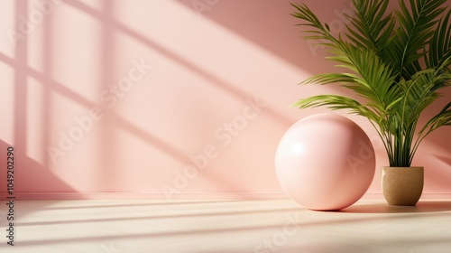 A soft pink sphere rests beside a vibrant green plant, sitting against a pastel pink wall, creating a soothing scene with natural lighting and shadows. photo