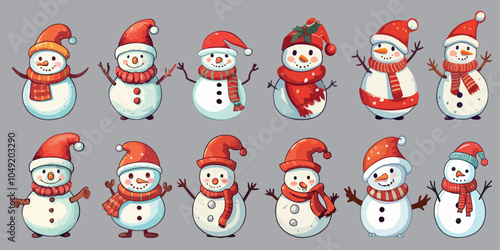 Snowmen collection. Christmas set isolated on a light background. Vector. A group of snowmen wearing red hats and scarves.