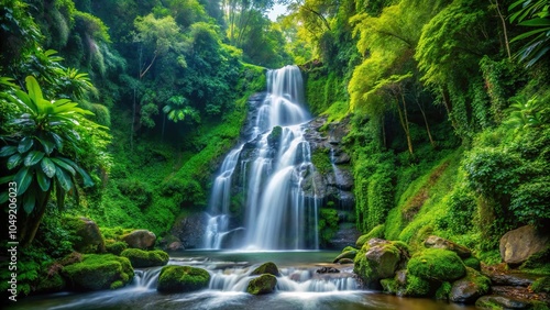 waterfall cascading through dense green jungle landscape