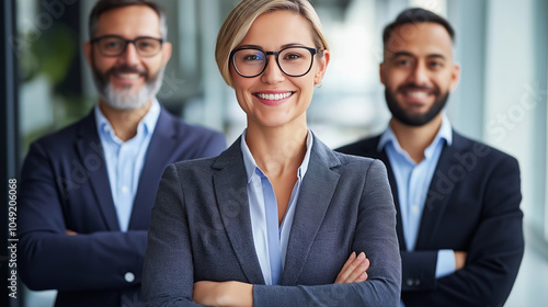 A business team of three people, A photo of a smiling businesswoman standing with his arms crossed in front