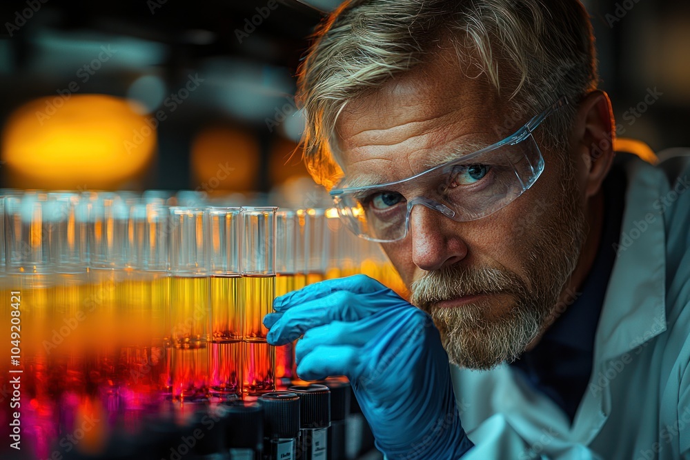 A Focused Scientist Examining Colorful Liquid Samples in Test Tubes A Focused Scientist Examining Colorful Liquid Samples in Test Tubes