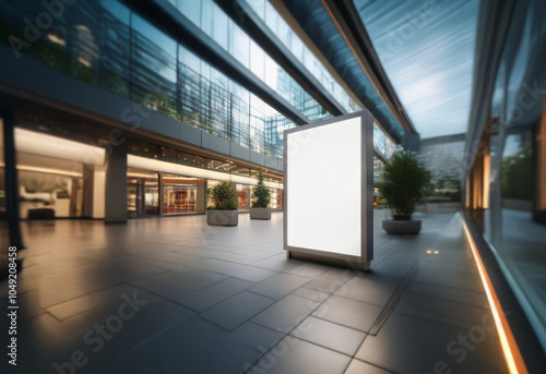 A blank billboard stands in the middle of a modern shopping center, surrounded by potted plants and large glass windows.