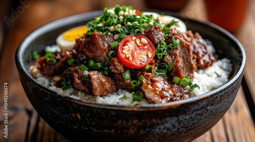 Succulent beef pieces cooked to perfection, garnished with fresh chives and a slice of chili, served over a bed of white rice in a rustic black bowl.