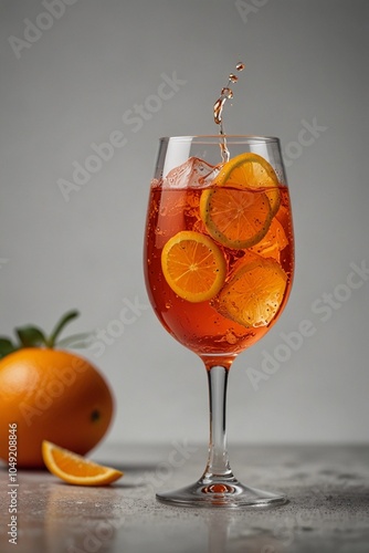 alcoholic aperol spritz cocktail, isolated on gray background, Alcohol being poured into a glass