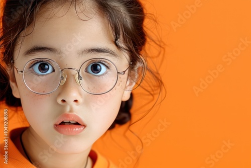 Skeptical Woman with Doubtful Expression Looking from Under Glasses on Orange Background photo