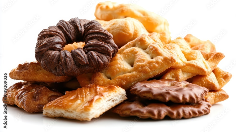 A delectable assortment of pastries with various shapes, textures, and flavors, including chocolate, perfect for satisfying sweet cravings and indulgence. A delectable assortment of pastries with various shapes, textures, and flavors, including chocolate, perfect for satisfying sweet cravings and indulgence.