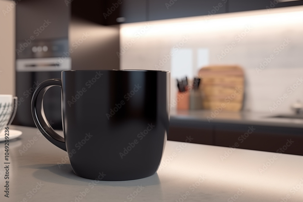 Black coffee mug on modern kitchen countertop Black coffee mug on modern kitchen countertop