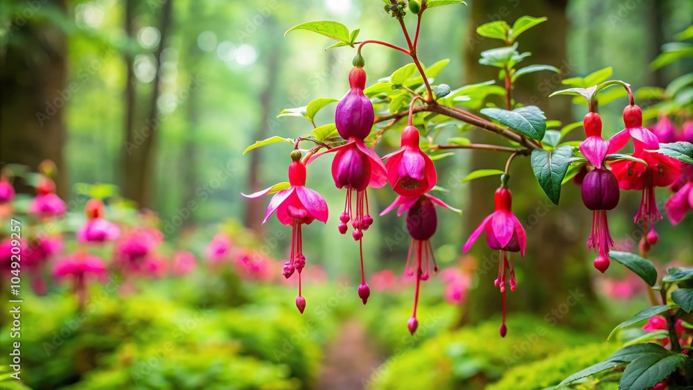 Obraz premium Slime-covered fuchsia flowers in a greenery-filled forest background, slimes, forest