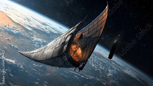 Animated depiction of a deorbit sail slowly and gently pulling space debris back to Earth showcasing a sustainable solution for orbital cleanup and environmental preservation photo