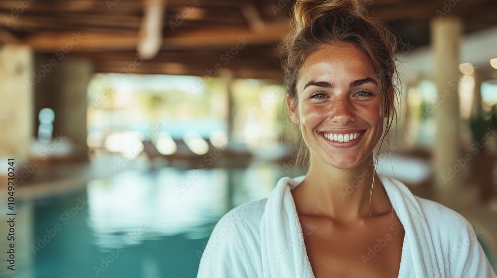 A relaxed woman wears a white robe, smiling contentedly while posing poolside indoors with a tropical backdrop, exuding tranquility and leisure. A relaxed woman wears a white robe, smiling contentedly while posing poolside indoors with a tropical backdrop, exuding tranquility and leisure.