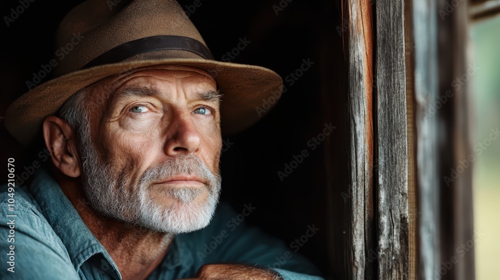 A bearded man with a solemn expression, wearing a stylish hat, gazing out of a wooden window frame, suggesting introspection and a timeless sense of wisdom.