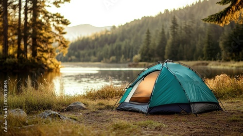 A pristine camping site featuring a green tent beside a tranquil mountain lake, surrounded by lush greenery and pine trees. Captures untouched wilderness beauty.