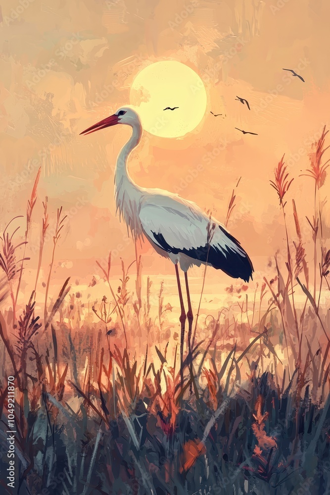 Fototapeta premium Stork Standing in Tall Grass at Sunset