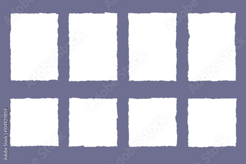 White clean empty rectangular, square sheets of A4 paper with torn uneven edges, arranged vertically in two rows of four. Vector illustration template for texts, pictures, tables, presentations. 