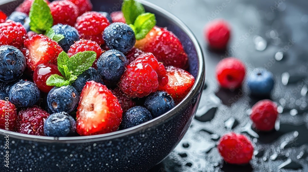Fresh Vibrant Bowl of Mixed Berries with Water Drops Fresh Vibrant Bowl of Mixed Berries with Water Drops