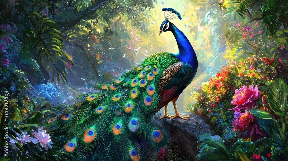 Fototapeta premium Vibrant Peacock Displaying Its Colorful Feathers