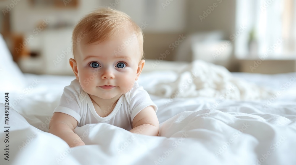 A joyful baby crawls over white bedding, expressing curiosity and joy with clear blue eyes and a playful expression in a bright and airy room. A joyful baby crawls over white bedding, expressing curiosity and joy with clear blue eyes and a playful expression in a bright and airy room.