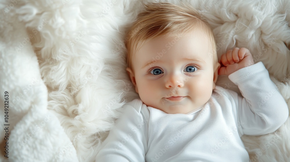 An adorable infant relaxes on a fluffy white surface, dressed in white, with striking blue eyes and delicate features, offering a sense of comfort and ease. An adorable infant relaxes on a fluffy white surface, dressed in white, with striking blue eyes and delicate features, offering a sense of comfort and ease.