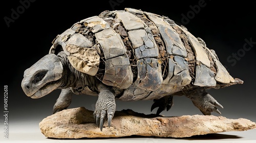 Detailed section of a Glyptodon fossil armor shell displayed in a natural history museum exhibit highlighting the prehistoric creature s unique evolutionary adaptations and scientific significance photo