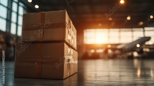 A stack of cardboard boxes is seen in a sunlit warehouse, highlighting the themes of logistics, order, and storage in the setting of a spacious distribution center. photo