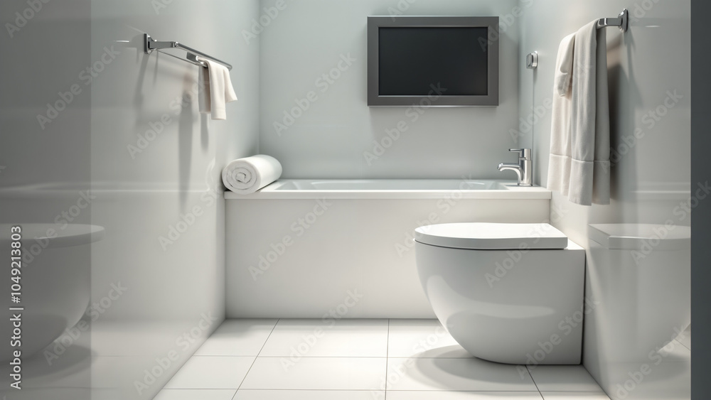 A Modern Bathroom Design Featuring a Pristine White Toilet Complemented by a Sleek Television in a Luxurious Setting A Modern Bathroom Design Featuring a Pristine White Toilet Complemented by a Sleek Television in a Luxurious Setting