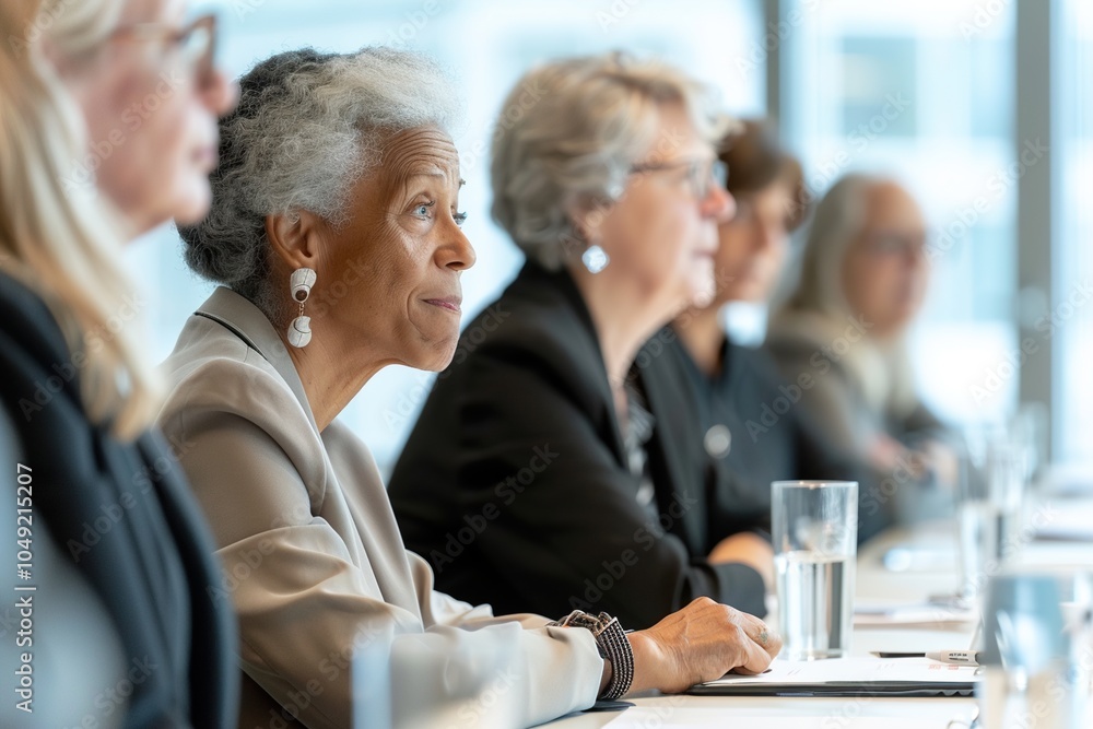 A group of women are sitting at a table, one of them is wearing a black suit. Generative AI A group of women are sitting at a table, one of them is wearing a black suit. Generative AI