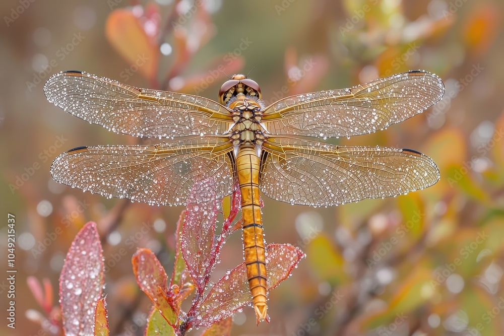 Dragonfly on Dewy Leaf in Nature's Morning Light Dragonfly on Dewy Leaf in Nature's Morning Light