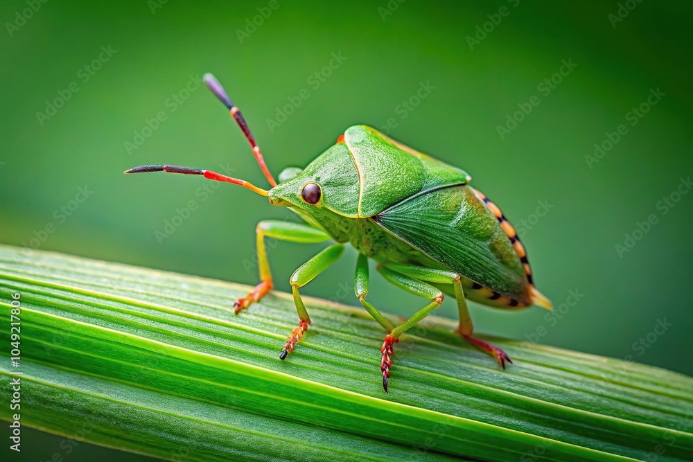 Fototapeta premium Green shield bug climbing a blade of grass, vertical photography aerial