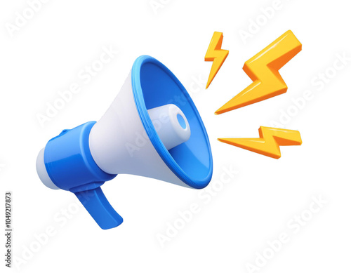 3D Blue megaphone and flash lightnings. Special offer. Social media promotion. Marketing time concept. Loudspeaker or speaker object. Realistic design emoji icon. 3D Vector illustration 