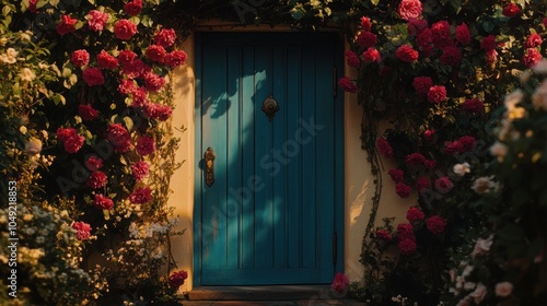 A blue wooden door with a brass handle, framed by lush pink roses.