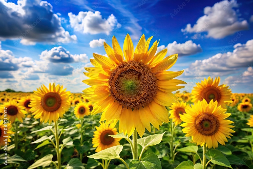 Freshly cut sunflowers standing upright in a field with bright blue sky and fluffy white clouds, outdoors, fluffy white, fresh cut Freshly cut sunflowers standing upright in a field with bright blue sky and fluffy white clouds, outdoors, fluffy white, fresh cut