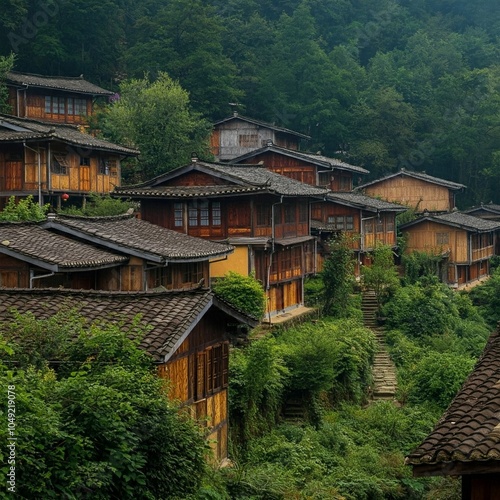 Lush Hillside Village with Tiled Roofs