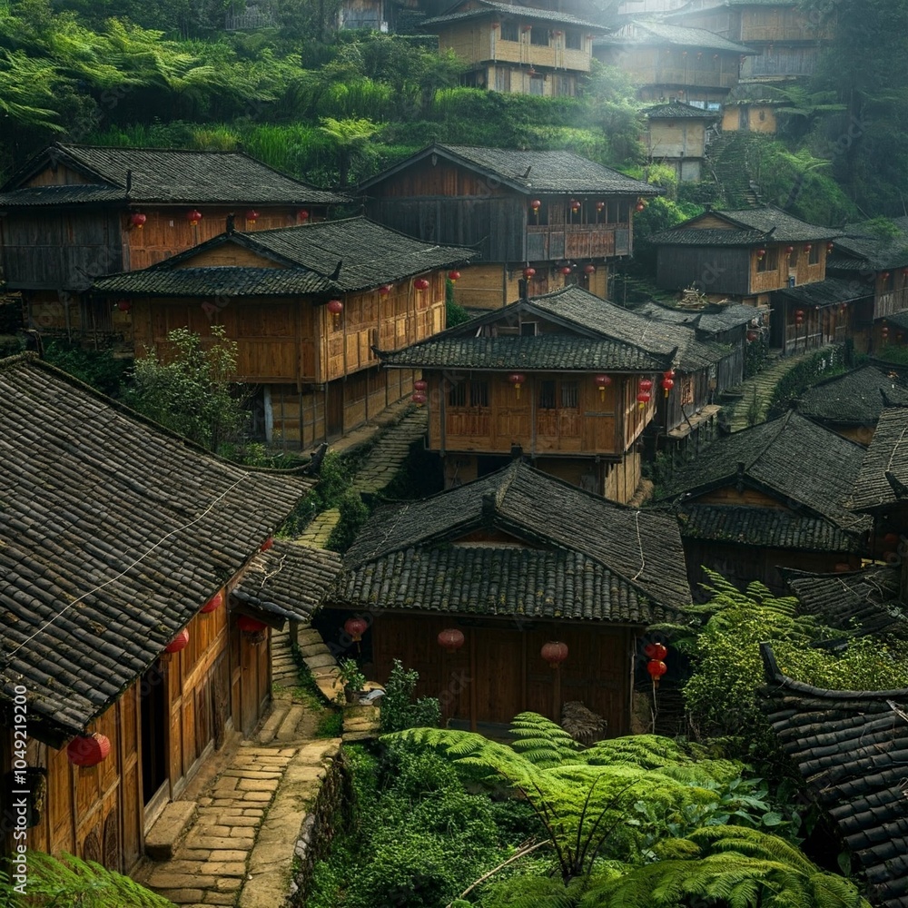 Stunning Hillside Village with Wooden Houses Stunning Hillside Village with Wooden Houses