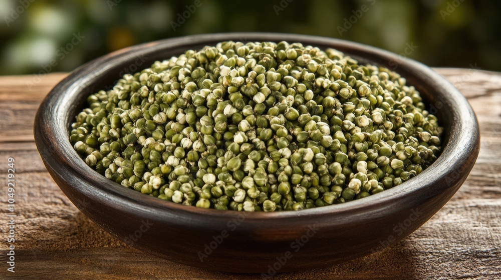 Green Grain Seeds in Wooden Bowl on Table Green Grain Seeds in Wooden Bowl on Table