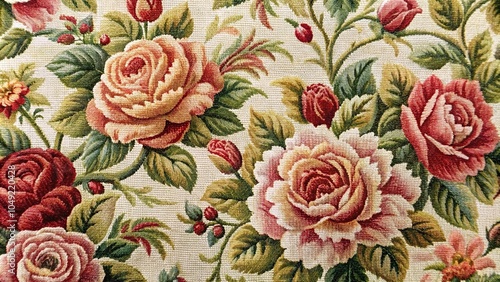 Extreme close-up rose floral tapestry pattern on romantic textured background