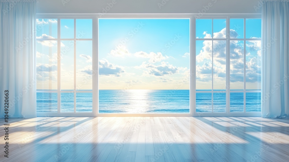 Fototapeta premium Bright Ocean View Through Large Windows