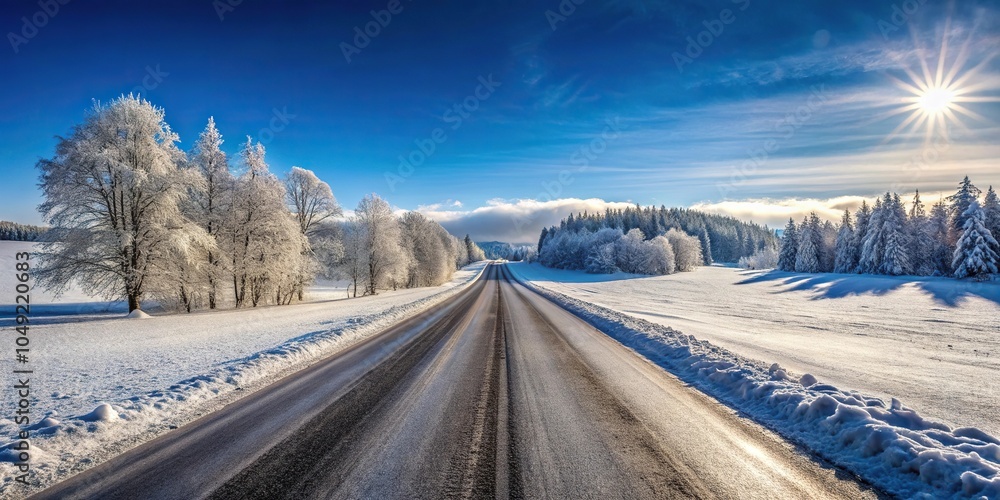 Fototapeta premium empty snow covered road in winter landscape Panoramic