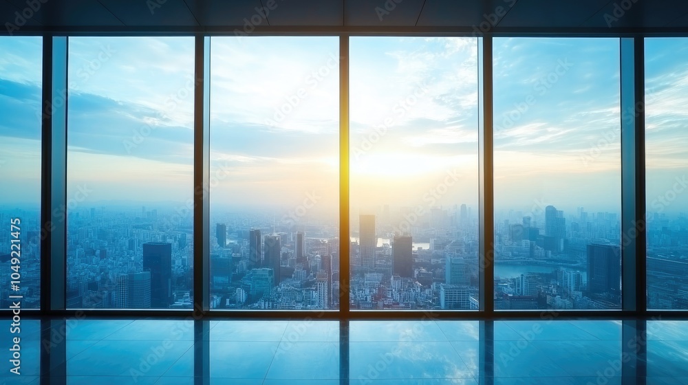 Modern Office View with Sunrise Over City Skyline Modern Office View with Sunrise Over City Skyline